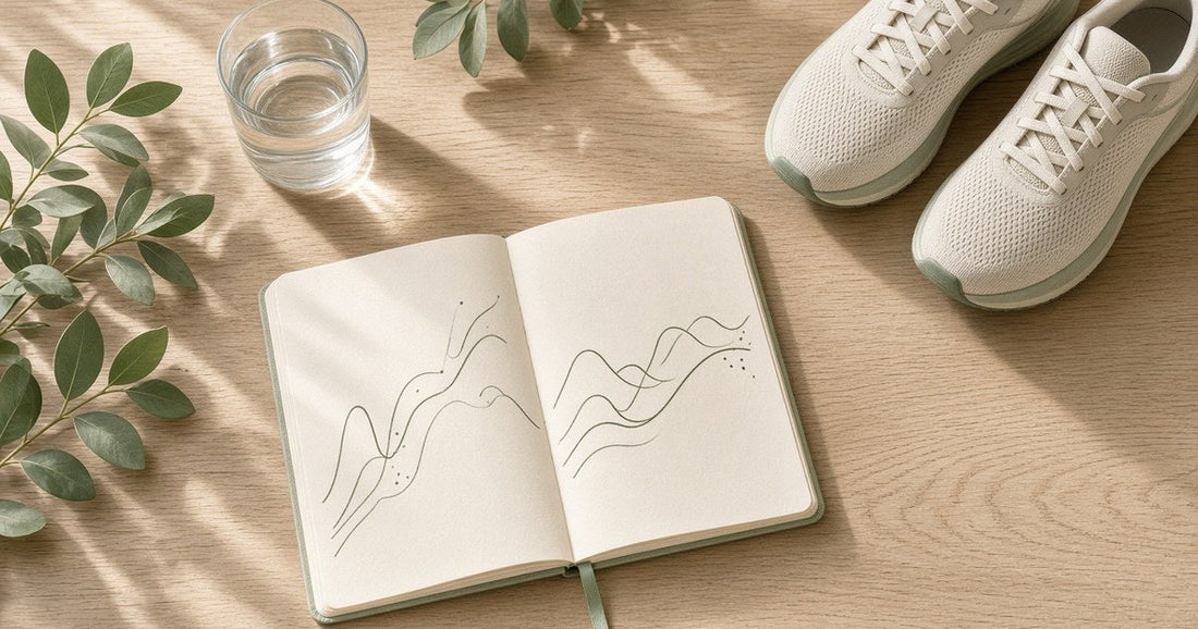Open notebook with hand-drawn wave lines, running shoes, a glass of water and green leaves on a wooden desk