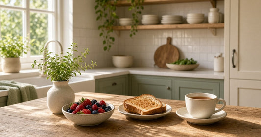 Sunlit kitchen table with fresh berries, toast and a cup of tea at breakfast