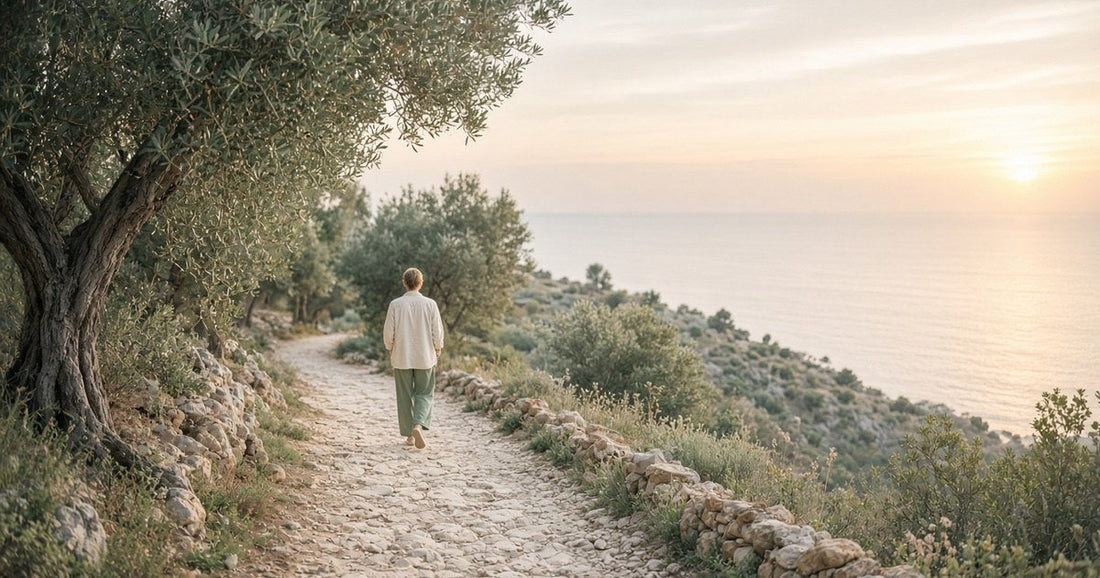Person walking along a Mediterranean coastal path lined with olive trees at sunrise
